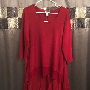 Red High Low cotton/ sheer 3/4 sleeve blouse